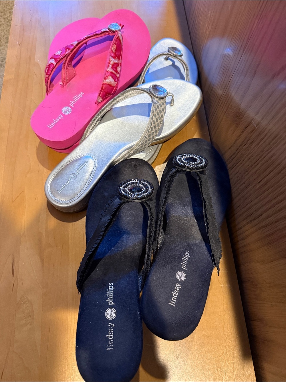 3 Pairs Lindsay Phillips Women’s Embellished Flip Flops/Wedges